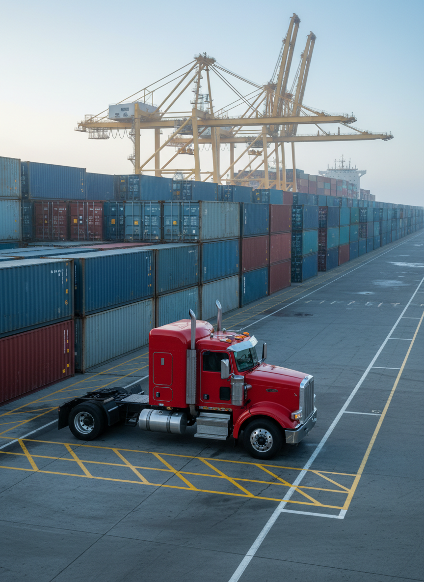 A neatly organized port drayage scene at a Southern California container terminal, featuring a vibrant red port-ready truck tractor positioned prominently in the foreground, aligned parallel to a row of stacked shipping containers in blues, grays, and reds.